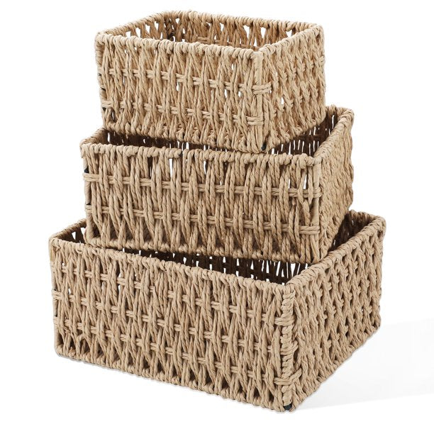 IDEAJOY Wicker Storage Basket, 3 Pack Woven Nesting Baskets Set, Beige
