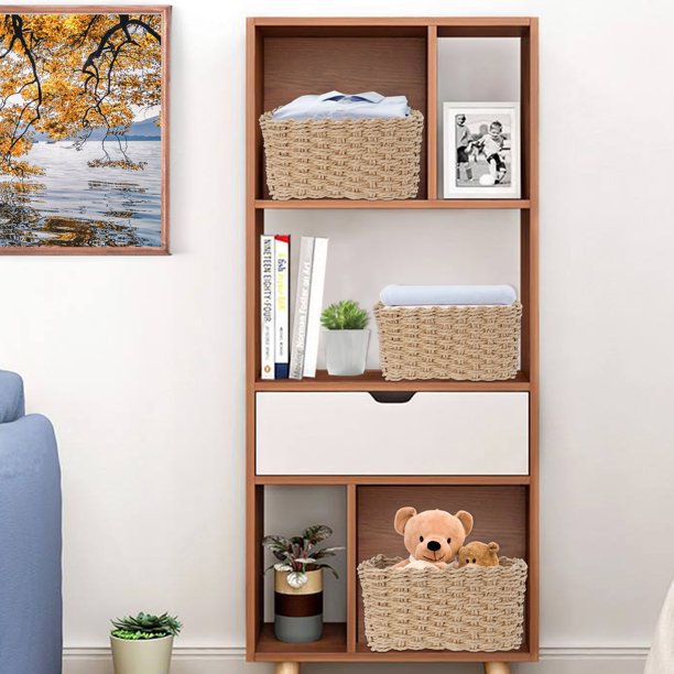 IDEAJOY Storage Basket Wicker Shelf Set of 3 Woven Organizer Beige Small Rope