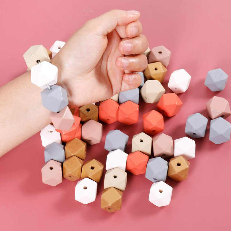 66PCS 0.8"/20mm Geometric Faceted Painted Wooden Beads 6 Candy Colors