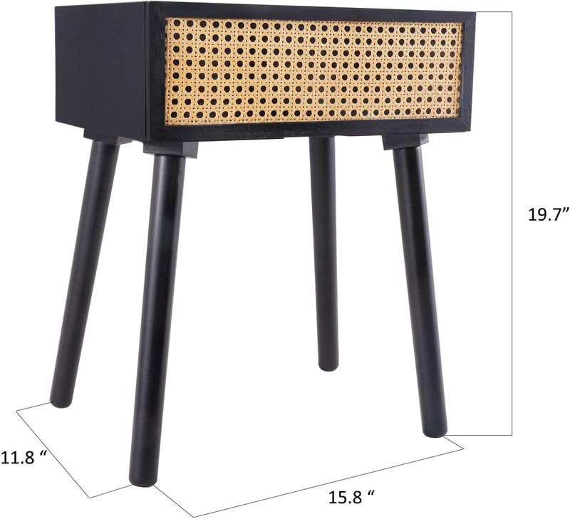 Rattan Nightstand, Small End Table with Storage (No Assembly Required), Black Side Tables Bedside Table Mid-Century Modern Style Coffee Table for Living
