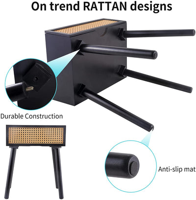 Rattan Nightstand, Small End Table with Storage (No Assembly Required), Black Side Tables Bedside Table Mid-Century Modern Style Coffee Table for Living