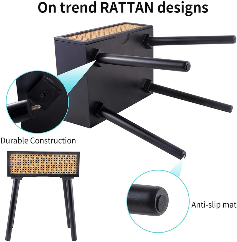 Rattan Nightstand, Small End Table with Storage (No Assembly Required), Black Side Tables Bedside Table Mid-Century Modern Style Coffee Table for Living