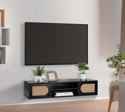 Floating TV Stand Wall Mounted, Mid Century Modern Media Console, Rattan Floating Entertainment Center, Black Floating TV Shelf, Floating TV Cabinet Under TV Shelf, Floating Wall Shelf, 39 inch