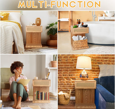 Rattan Nightstand, Side Table with Drawer, Modern Boho Nightstands, Mid-Century Coffee Table, End Table with Storage, Small Side Tables Bedside Table for Bedroom Living Room Balcony (Natural Brown)
