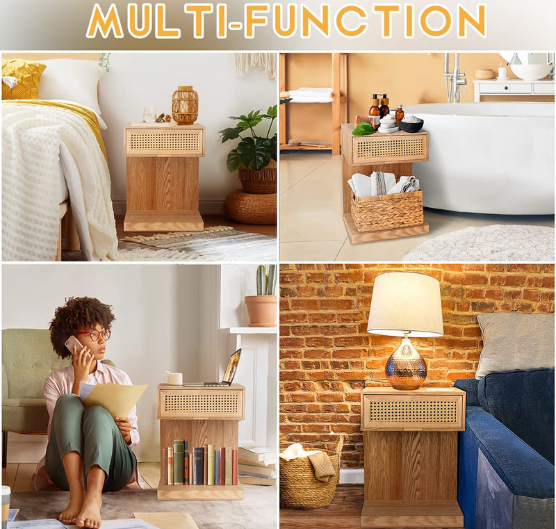 Rattan Nightstand, Side Table with Drawer, Modern Boho Nightstands, Mid-Century Coffee Table, End Table with Storage, Small Side Tables Bedside Table for Bedroom Living Room Balcony (Natural Brown)