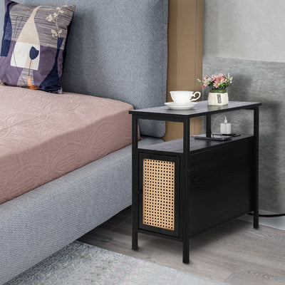Narrow Side Table with Charging Station Nightstand Rattan Thin End Table with USB Ports & Power Outlets Mid Century Modern Skinny End Tables Side Tables