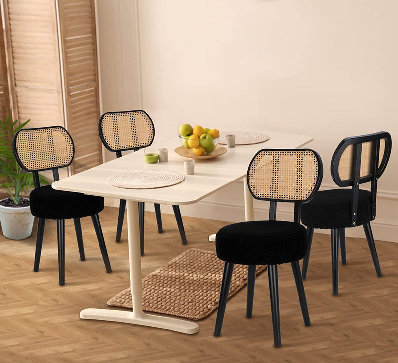 Rattan Dining Chair Black, Mid Century Modern Boucle Chair, Black Dining Chairs, Upholstered Wood Accent Chair, Cute Sherpa Chair, Living Room Bar Stool Chair, Boho Makeup Vanity Chair