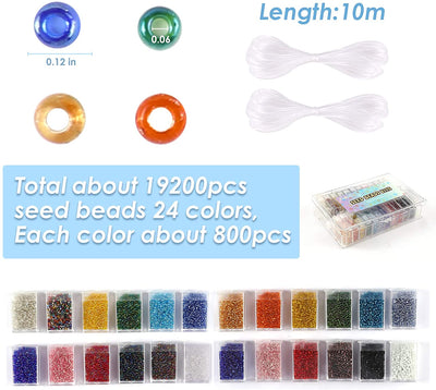 19200pcs 2mm Glass Seed Beads 24 Colors Loose Beads Kit Round Pony Beads