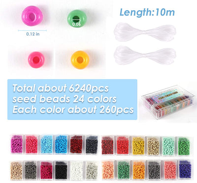Seed Beads Kit 6240pcs 3mm Small Pony Beads Set in 24 Colors