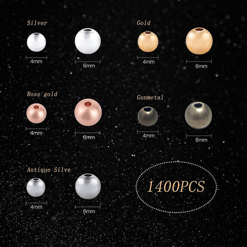 Spacer Beads Loose Beads 1400 Pieces Round Ball Smooth Beads, 4mm, 6mm