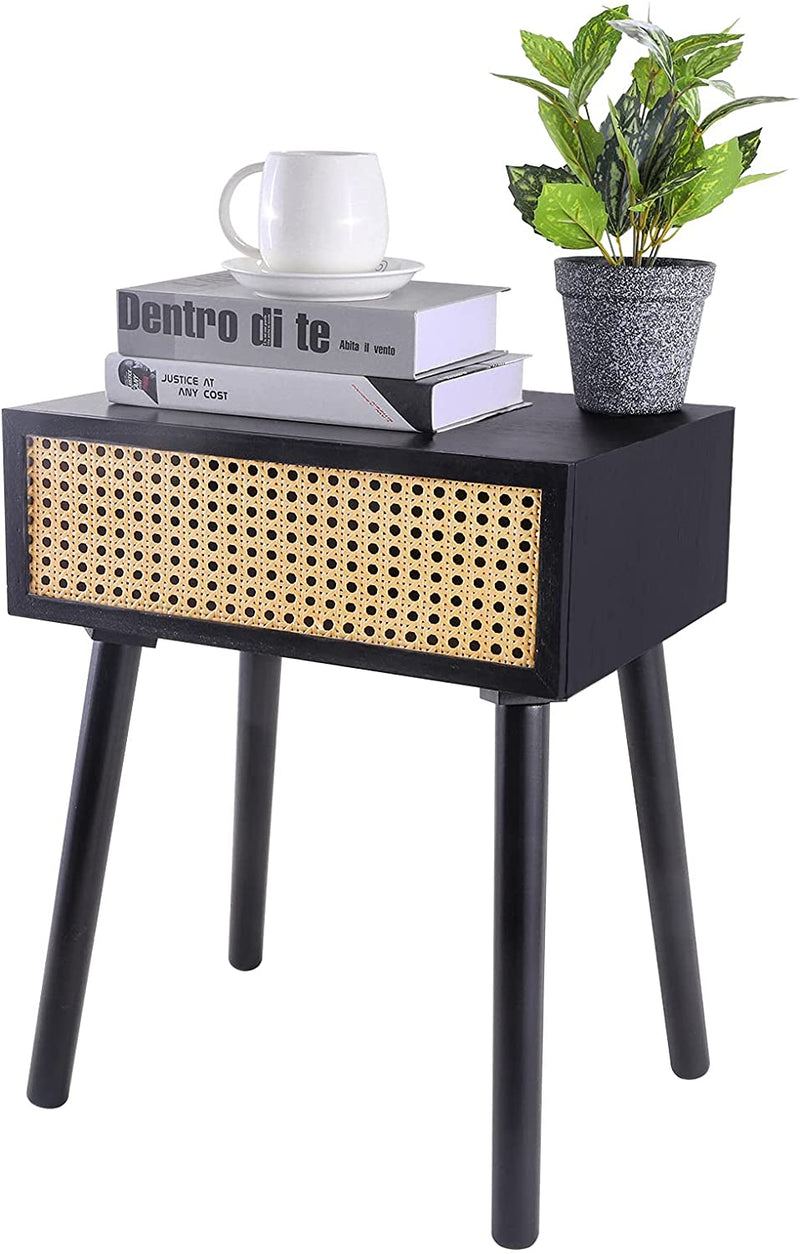 Rattan Nightstand, Small End Table with Storage (No Assembly Required), Black Side Tables Bedside Table Mid-Century Modern Style Coffee Table for Living