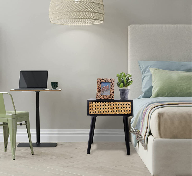 Rattan Nightstand, Small End Table with Storage (No Assembly Required), Black Side Tables Bedside Table Mid-Century Modern Style Coffee Table for Living