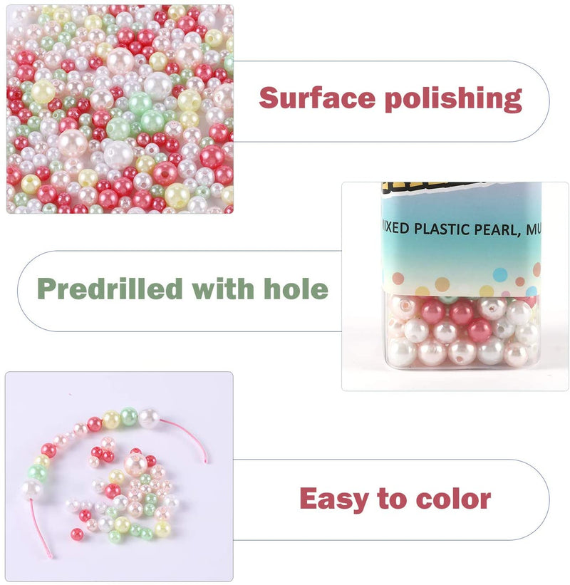 Acrylic Faux Pearl Round Beads 1200Pcs (5 Colors and 4 Sizes Mixed )