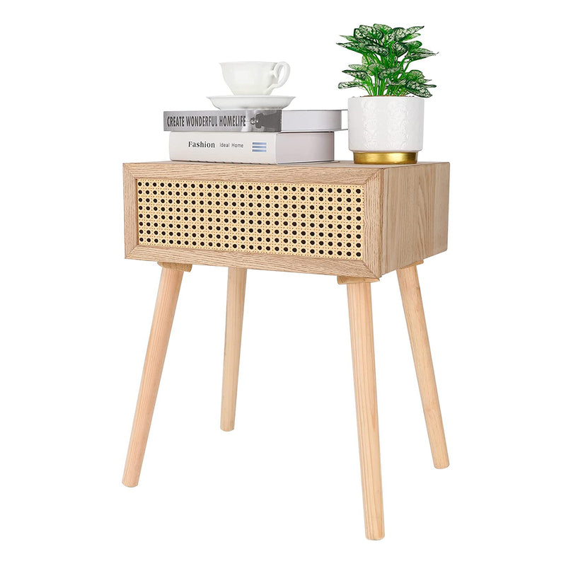Chicgrowth Rattan Nightstand with Drawer Wooden End Side Accent Table Beige