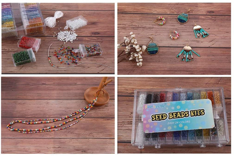 19200pcs 2mm Glass Seed Beads 24 Colors Loose Beads Kit Round Pony Beads