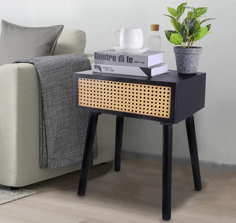 Rattan Nightstand, Small End Table with Storage (No Assembly Required), Black Side Tables Bedside Table Mid-Century Modern Style Coffee Table for Living