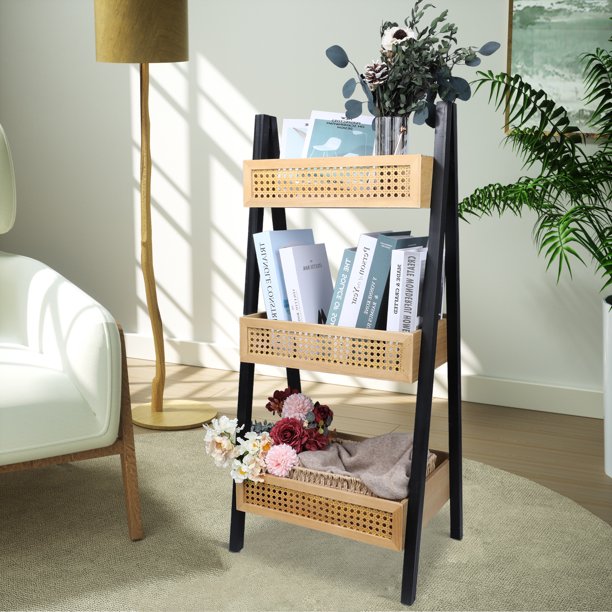 IDEAJOY 3 Shelf Bookcase Black Rattan Bookshelf Three Shelves