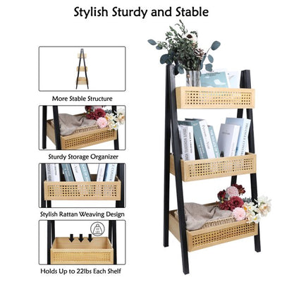 IDEAJOY 3 Shelf Bookcase Black Rattan Bookshelf Three Shelves