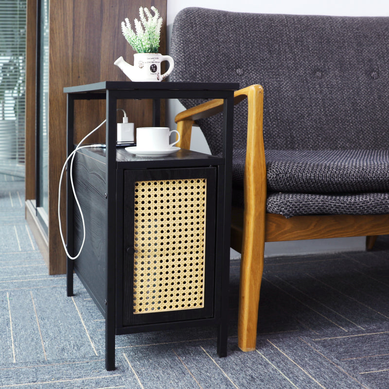 Narrow Side Table with Charging Station Nightstand Rattan Thin End Table with USB Ports & Power Outlets Mid Century Modern Skinny End Tables Side Tables