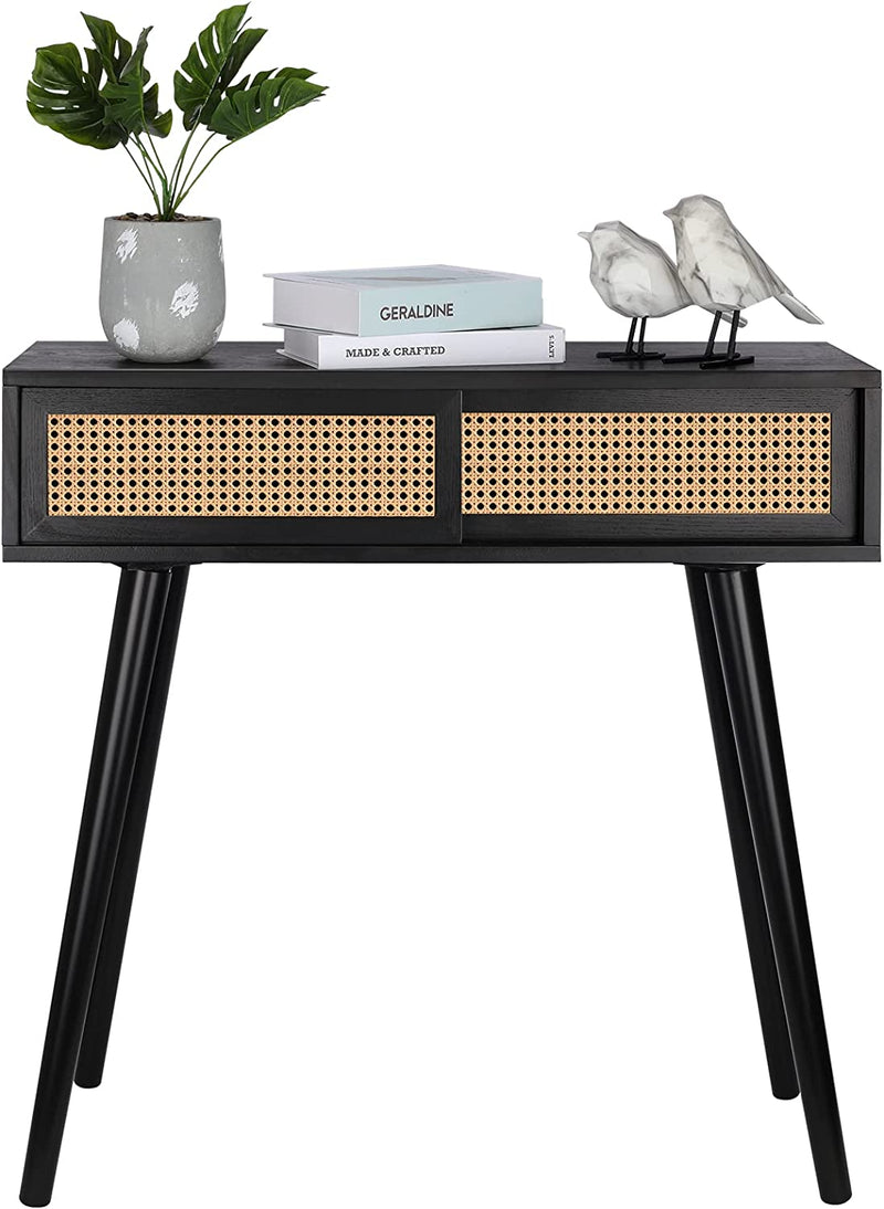 Console Table Black, 31" Console Tables for Entryway Small Entryway Table, Vanity Desk Rattan Dresser Side Table Entry Table Narrow Console Table Modern Hallway Table Boho Sofa Table for Living Room