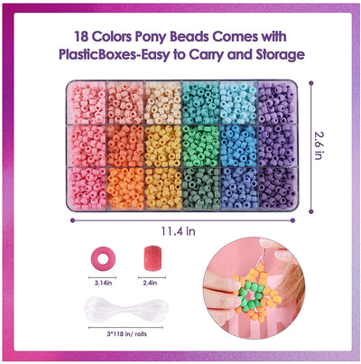 2600+pcs Pony Beads Craft Kit Opaque Matte Plastic, 18 Colors