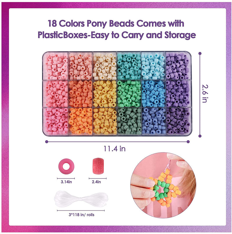2600+pcs Pony Beads Craft Kit Opaque Matte Plastic, 18 Colors