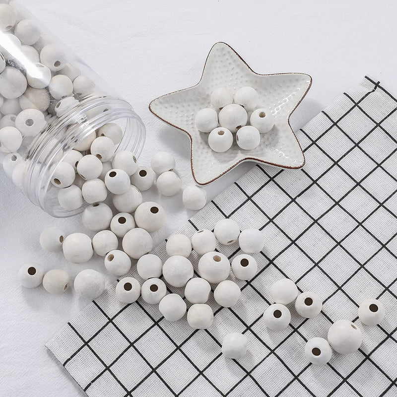 180pcs Polished White Round Wood Beads for Crafts(16 & 20mm & 7M Twine)