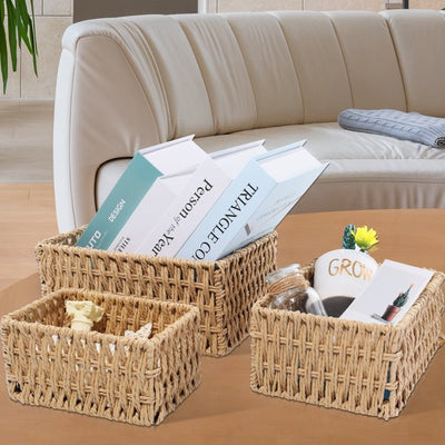IDEAJOY Wicker Storage Basket, 3 Pack Woven Nesting Baskets Set, Beige