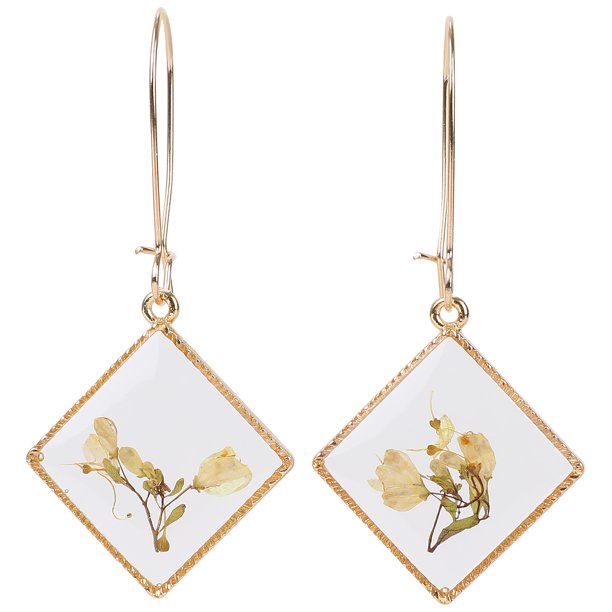 IDEAJOY Dried Flower Dangle Earrings Vintage Amber Drop Natural Resin Hoop Jewelry