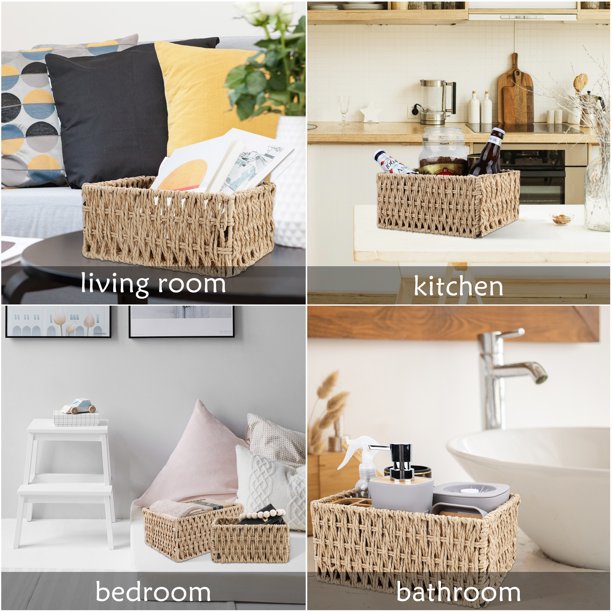 IDEAJOY Wicker Storage Basket, 3 Pack Woven Nesting Baskets Set, Beige