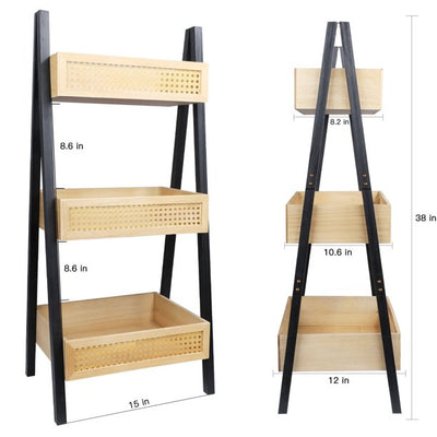 IDEAJOY 3 Shelf Bookcase Black Rattan Bookshelf Three Shelves