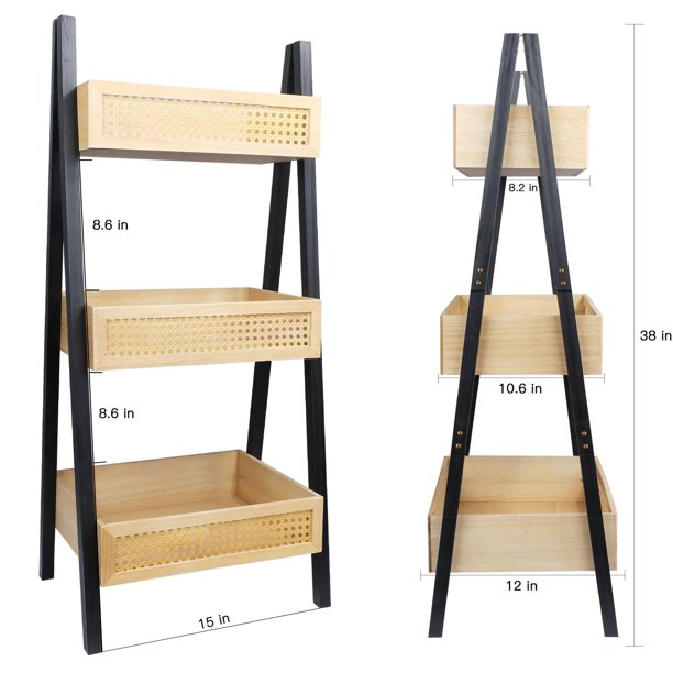IDEAJOY 3 Shelf Bookcase Black Rattan Bookshelf Three Shelves