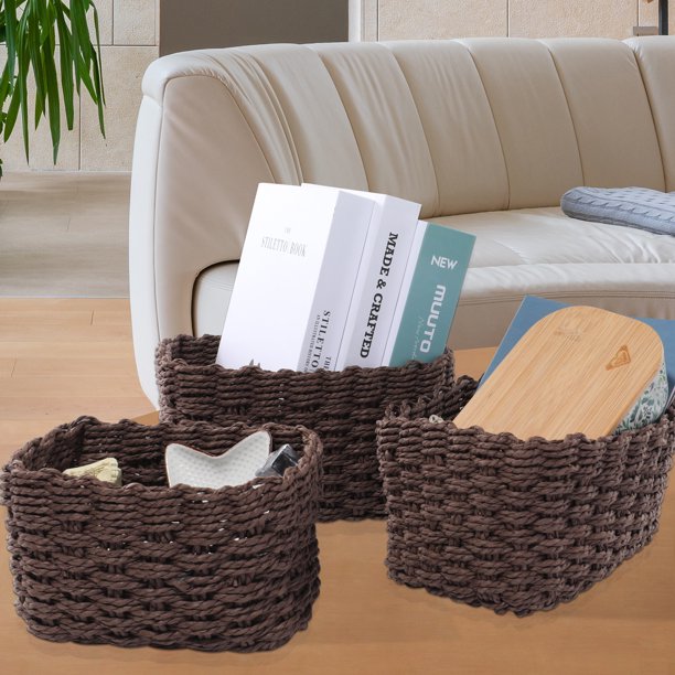 IDEAJOY Wicker Woven Storage Baskets for Storage Clothes Books Dolls Set of 3 Brown