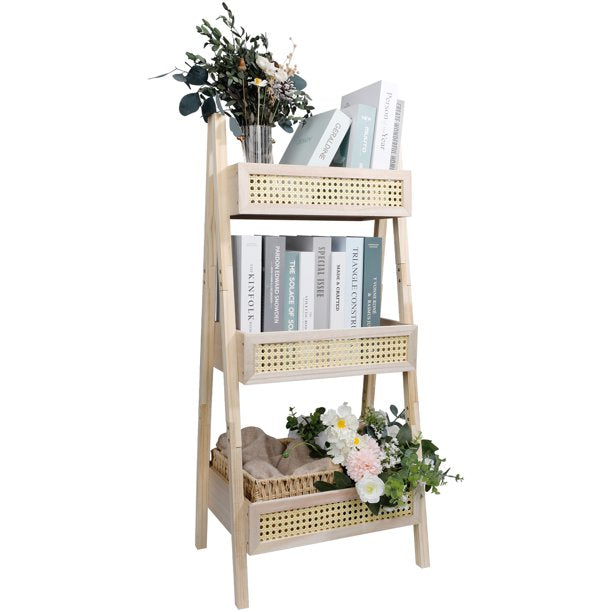 Chicgrowth 3 Shelves Bookcase Rattan Storage Bookshelf Beige