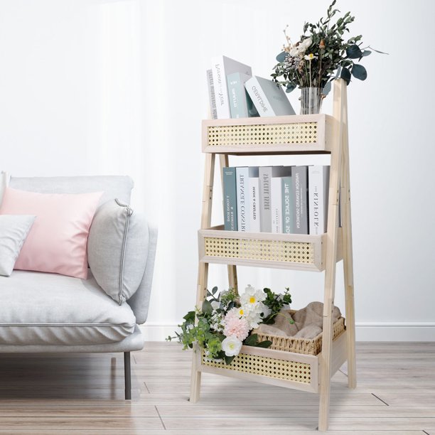 Chicgrowth 3 Shelves Bookcase Rattan Storage Bookshelf Beige