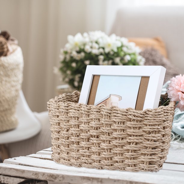 IDEAJOY Storage Basket Wicker Shelf Set of 3 Woven Organizer Beige Small Rope