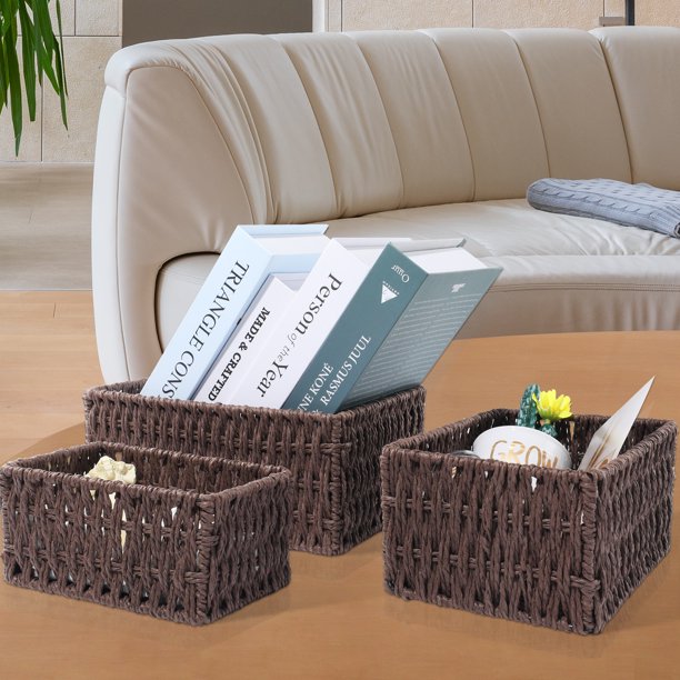 IDEAJOY Wicker Storage Basket, 3 Pack Woven Nesting Baskets Set, Brown